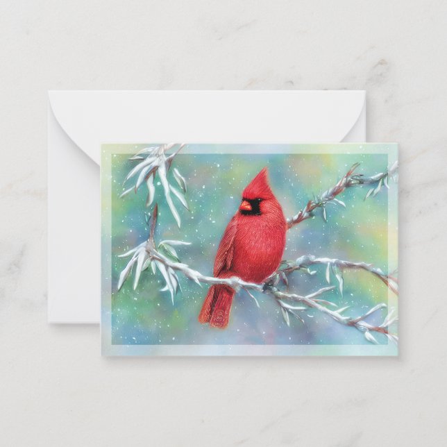 Cardinal on snowy branch budget mini Christmas Card (Front)