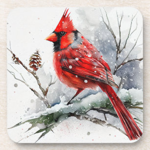 Cardinal on Snowy Tree Branch in Christmas Winter Coaster