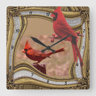 CARDINAL ON THE FRAME   SQUARE WALL CLOCK