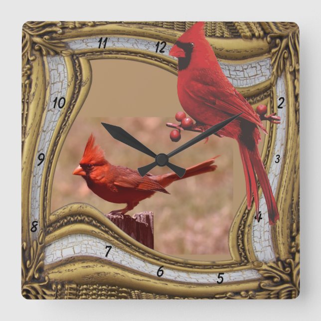 CARDINAL ON THE FRAME   SQUARE WALL CLOCK (Front)