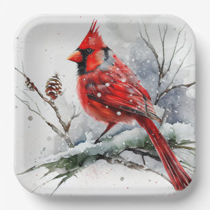 Cardinal on Tree Branch in Christmas Winter Scene Paper Plate