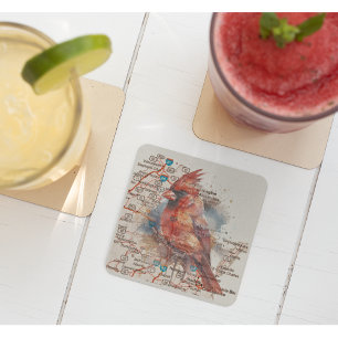 Cardinal on Virginia Road Map  Glass Coaster