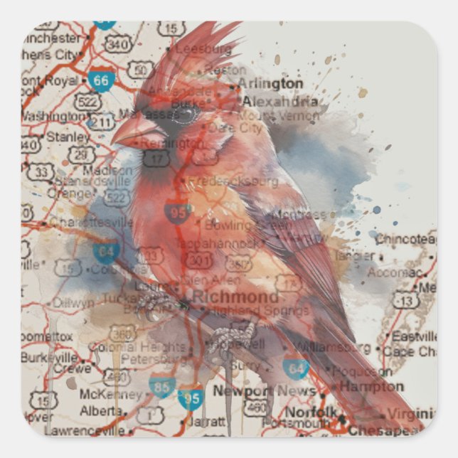 Cardinal on Virginia Road Map Square Sticker (Front)