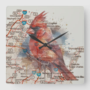 Cardinal on Virginia Road Map Square Wall Clock