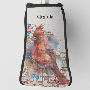 Cardinal on Virginia Road Map Watercolor Art Golf Head Cover
