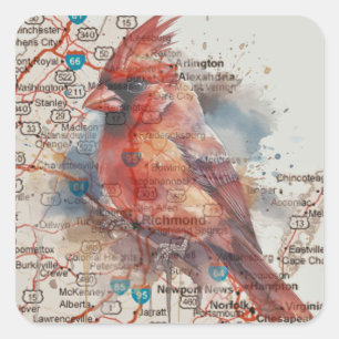 Cardinal on Virginia Road Map Watercolor Art Square Sticker
