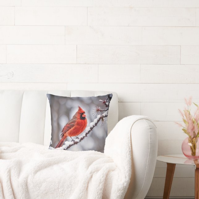 Cardinal On Winter Branch Throw Pillow (Couch)