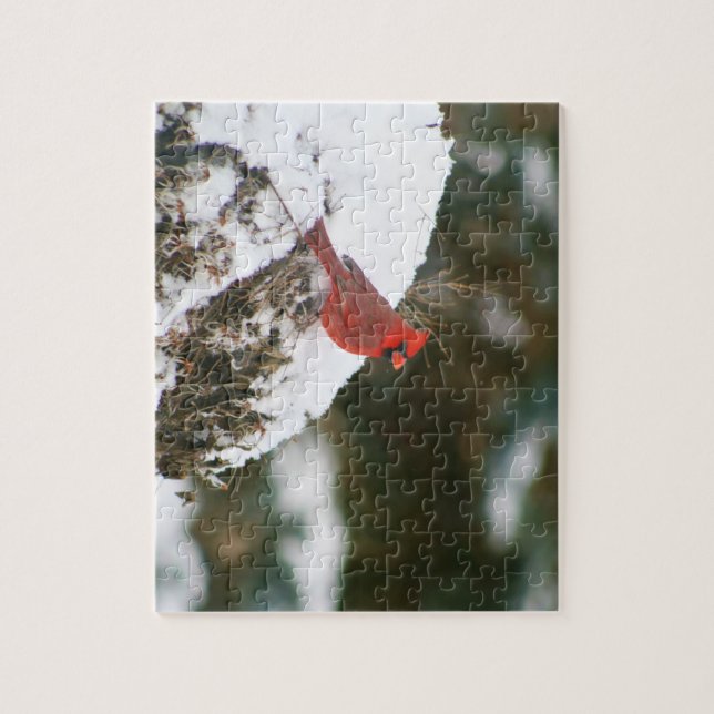 Cardinal Perched on a Snowy Bush Jigsaw Puzzle (Vertical)