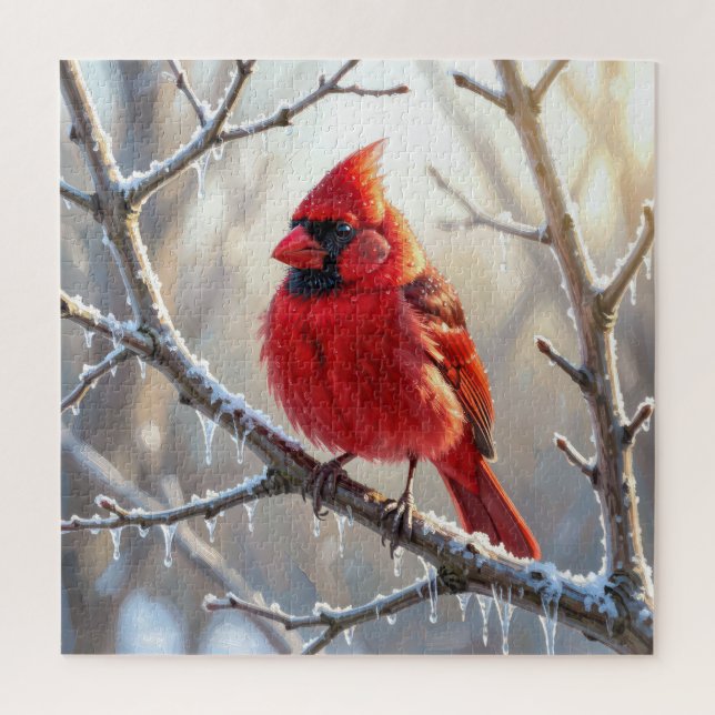 Cardinal Perched on Winter Branch with Icicles Jigsaw Puzzle (Vertical)