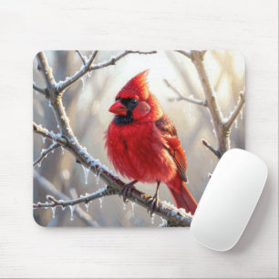 Cardinal Perched on Winter Branch with Icicles Mouse Pad
