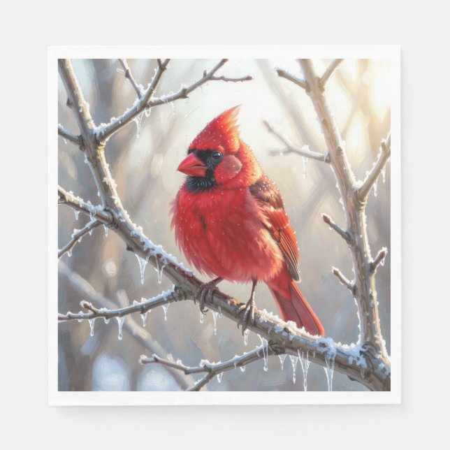 Cardinal Perched on Winter Branch with Icicles Napkin (Front)