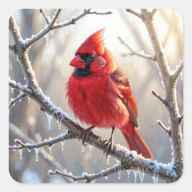 Cardinal Perched on Winter Branch with Icicles Square Sticker (Front)