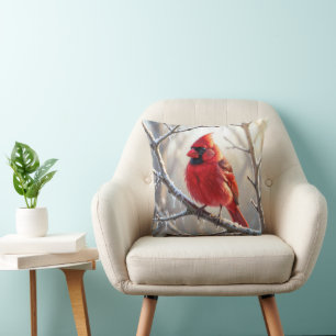Cardinal Perched on Winter Branch with Icicles Throw Pillow