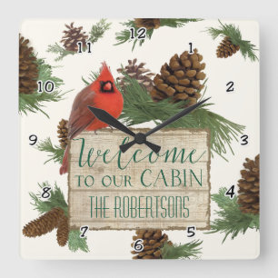 Cardinal Pine Cone Cabin Welcome Sign Personalized Square Wall Clock