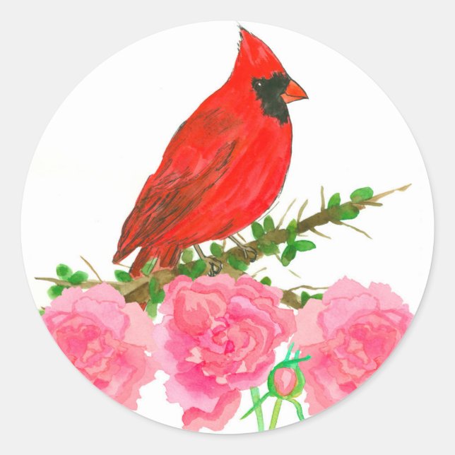Cardinal Pink Peony Watercolor Flowers Classic Round Sticker (Front)