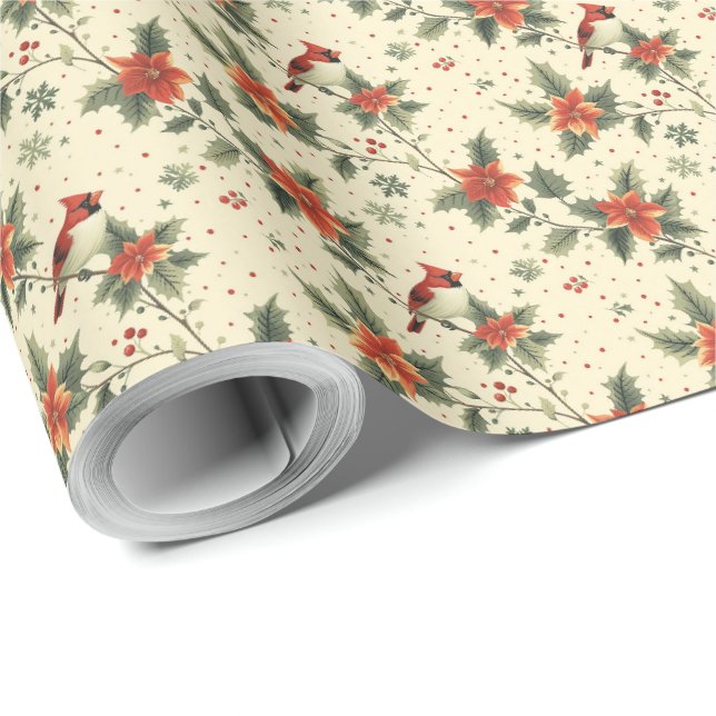 Cardinal Poinsettia Holiday Christmas Gift Wrap (Roll Corner)