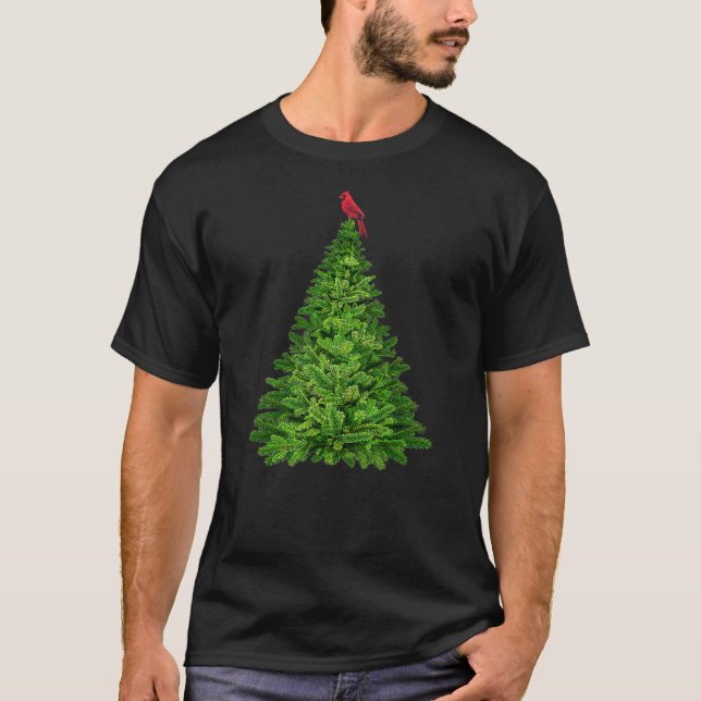 Cardinal Red Bird in Pine Tree Christmas T-Shirt (Front)