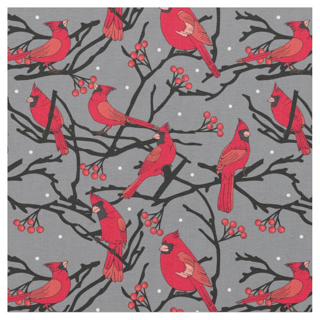 Cardinal Red Birds Pattern Christmas Holidays Fabric (Close Up)