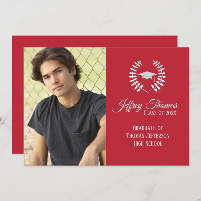 Cardinal Red Casquette & Feuille Grad Invitation 5 (Devant / Derrière)