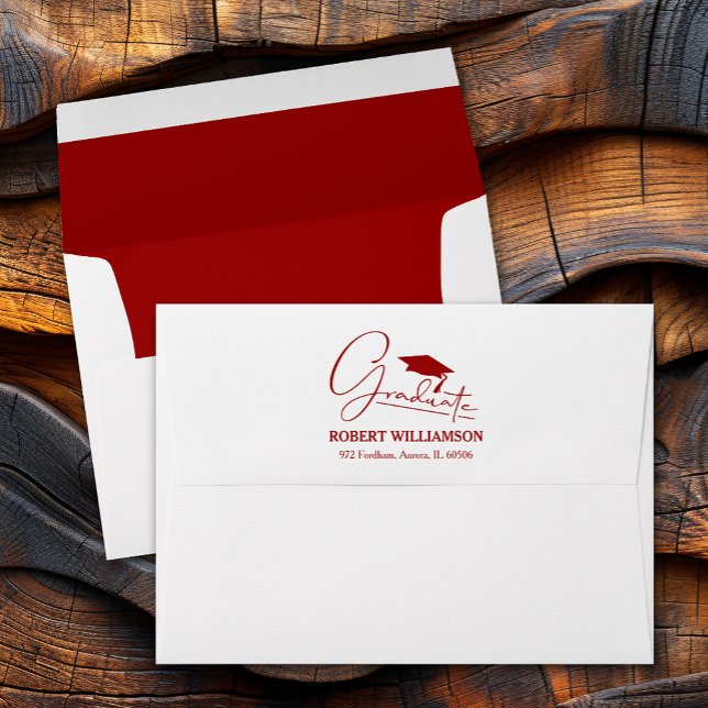 Cardinal Red Graduation Cap Return Address  Envelope (Cardinal red graduation cap, printed lining and FREE return address envelopes)