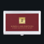 Cardinal Red Leather Business Corporate Gold Logo Business Card Holder<br><div class="desc">This luxury business card holder boasts a refined cardinal red leather-textured illustration, perfectly paired with your business logo over a faux gold overlay for a premium, professional look. Your name, profession, or firm name stands out in opulent gold-tone lettering, creating a timeless and unforgettable impression. Ideal for professionals across various...</div>
