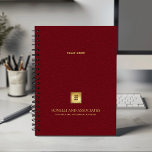 Cardinal Red Leather Look Business logo and name Planner<br><div class="desc">Stay organized and elevate your professional image with our Custom Spiral Planner, featuring a refined Cardinal Red leather-look design that combines sophistication with functionality. A customizable square space on the cover allows you to prominently display your business logo over a gold texture while two additional lines of editable text offer...</div>