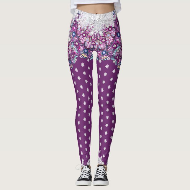 Cardinal red rosace & snowflake leggings (Front)
