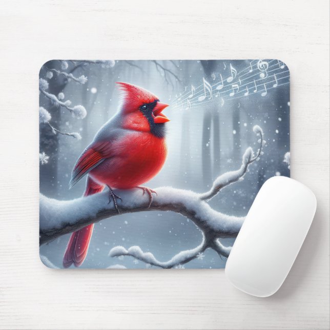 Cardinal Singing With Musical Notes Mouse Pad (With Mouse)