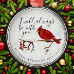 Cardinal Snow Christmas Remembrance Metal Ornament<br><div class="desc">Honor your loved one with this cardinal on a snow covered branch memorial tribute. The message reads "I will always be with you" and you can personalize this item with a name and dates. This is a beautiful keepsake that can be given to family and friends at the funeral or...</div>