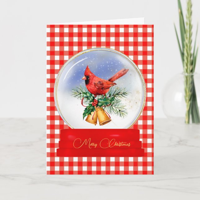Cardinal Snow Globe on Red Gingham Christmas Card (Front)