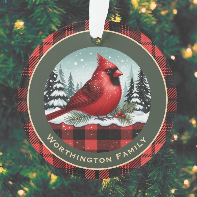 Cardinal Snow n Buffalo Plaid Family Name Monogram Ornament (Creator Uploaded)