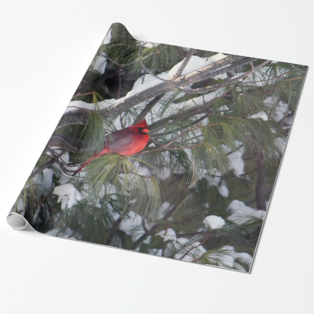 Cardinal Snow Pine Tree Photo Wrapping Paper (Unrolled)