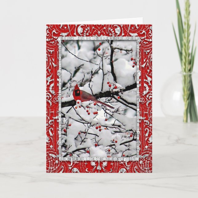 Cardinal Snow Tree Photo Christmas Holiday Card (Front)