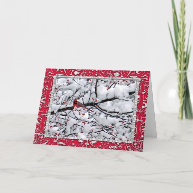 Cardinal Snow Tree Photo Horizontal Christmas Holiday Card (Front)