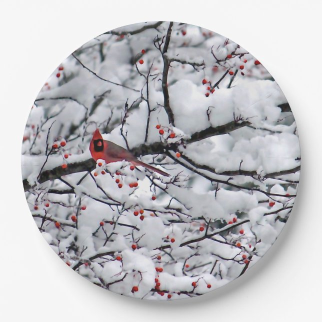 Cardinal Snow Tree Photo Paper Plate (Front)