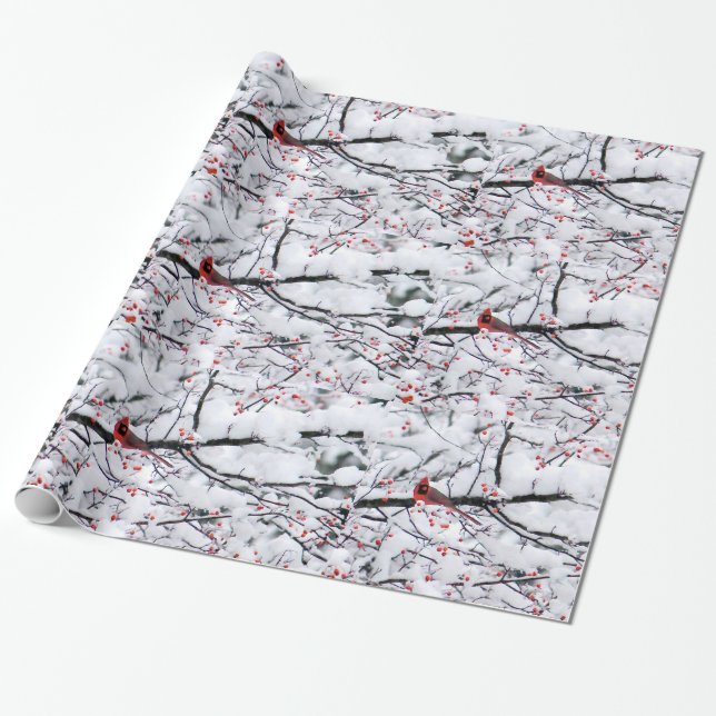 Cardinal Snow Tree Photo Wrapping Paper (Unrolled)