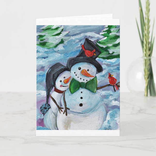 Cardinal visiting Snowmen Holiday Card (Front)