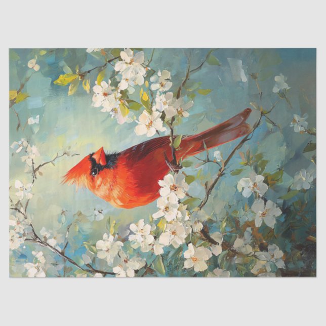 Cardinal White Blossoming Flowers Art Decoupage Tissue Paper (Front)