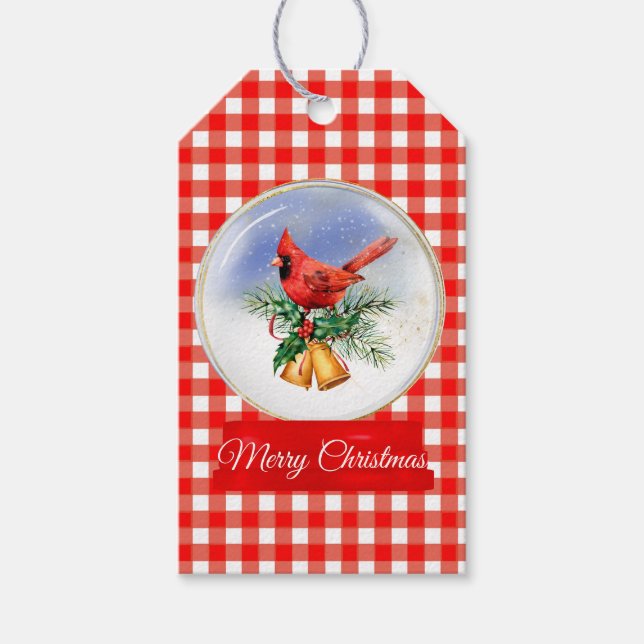 Cardinal with Bells Snow Globe Christmas Gift Tag (Front)
