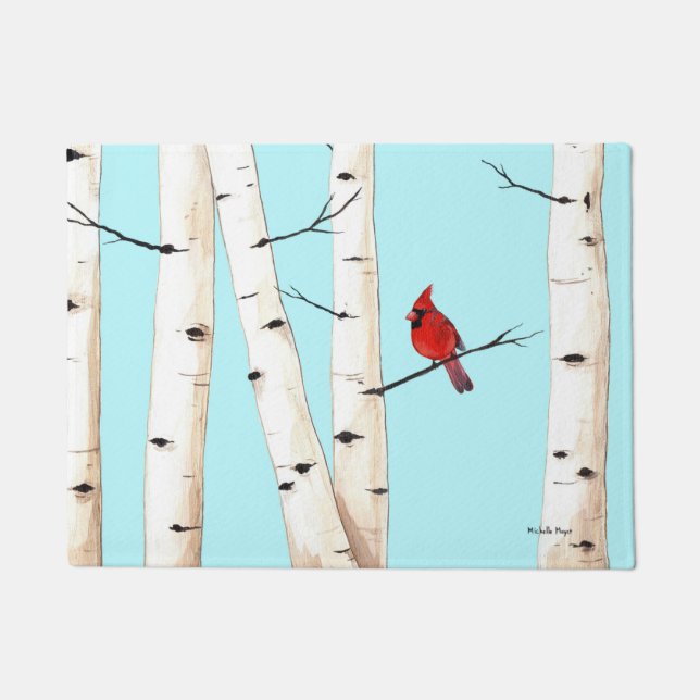 Cardinal with Birch Trees Doormat (Front)