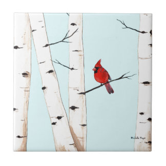 Cardinal with Birch Trees Tile