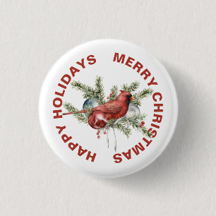 Cardinal with Christmas Treen Branches 1 Inch Round Button
