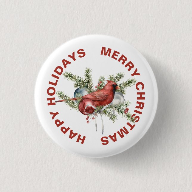 Cardinal with Christmas Treen Branches 1 Inch Round Button (Front)