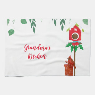 Cardinal with Holiday Birdhouse Personalized Kitchen Towel