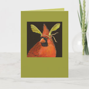 cardinal with maple seed hat on card