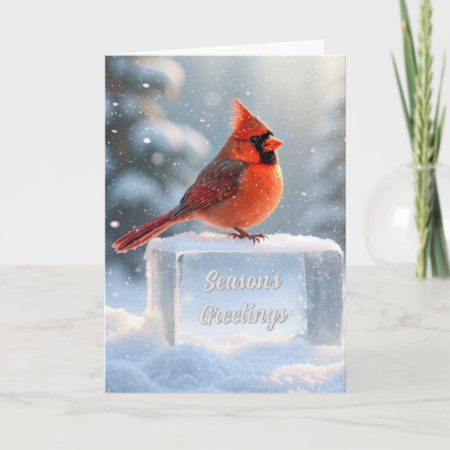 Cardinal With Season's Greetings On Ice Holiday Card (Front)