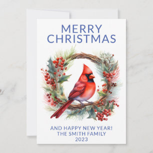 Cardinal Wreath Blue Holiday Card