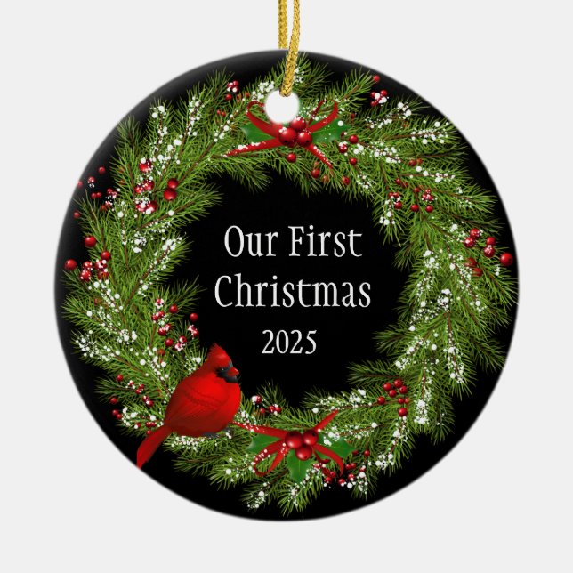 Cardinal Wreath    Ceramic Ornament (Front)