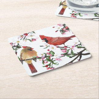 Cardinals and Apple Blossoms Square Paper Coaster