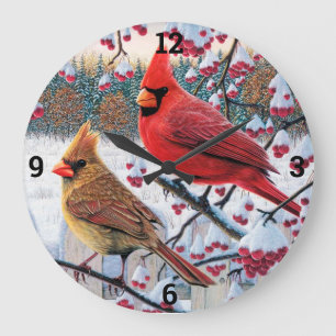 Cardinals and Berries Large Clock